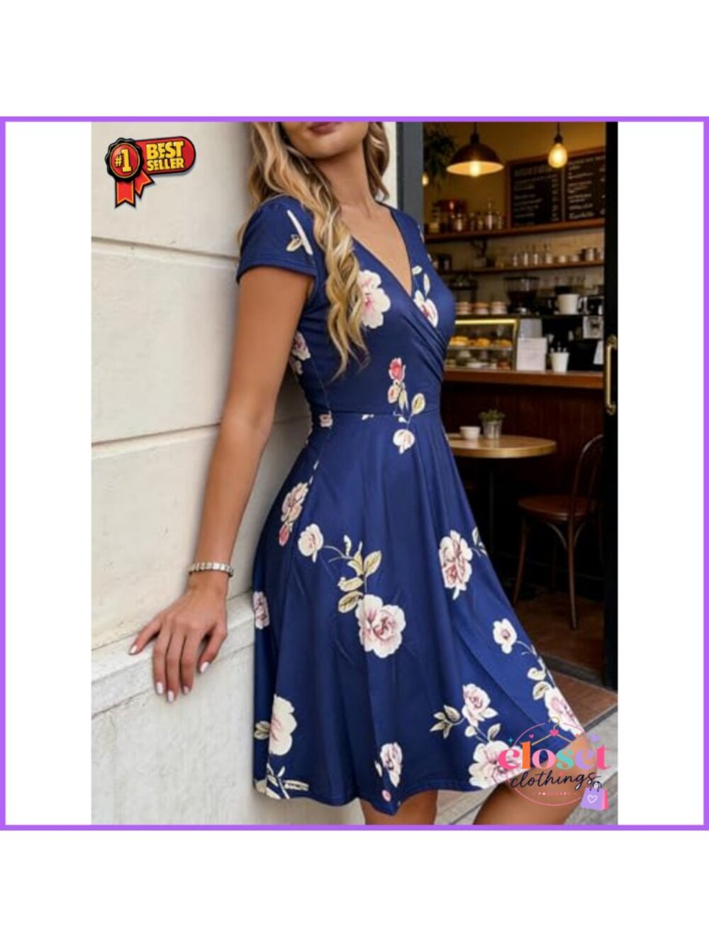 Women's Floral V Neck Midi Dress with Pockets Maternity Graduation Party - Picture 3 of 5